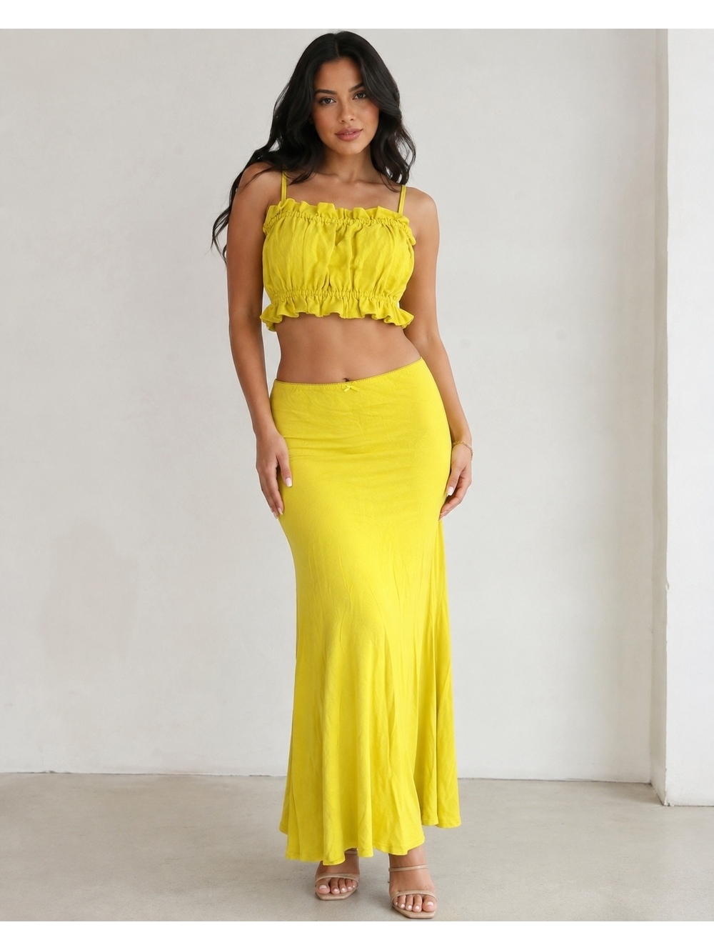 Wild Fable Yellow Linen Blend 2 Piece Crop Top Maxi Skirt Set M/XL